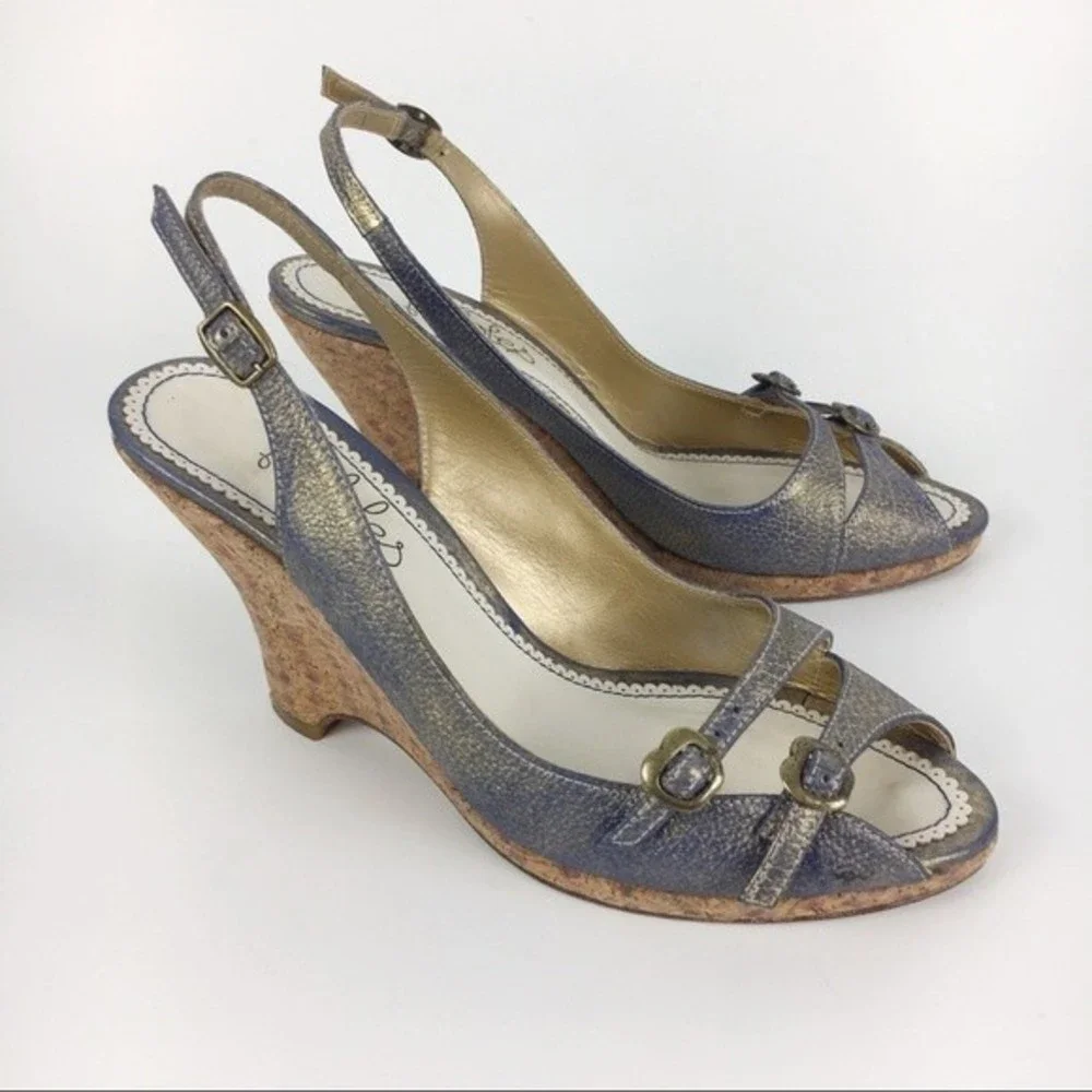Maloles Womens 36 5.5 - 6 Purple Gold Metallic Leather Wedge Sandals Heels Shoes